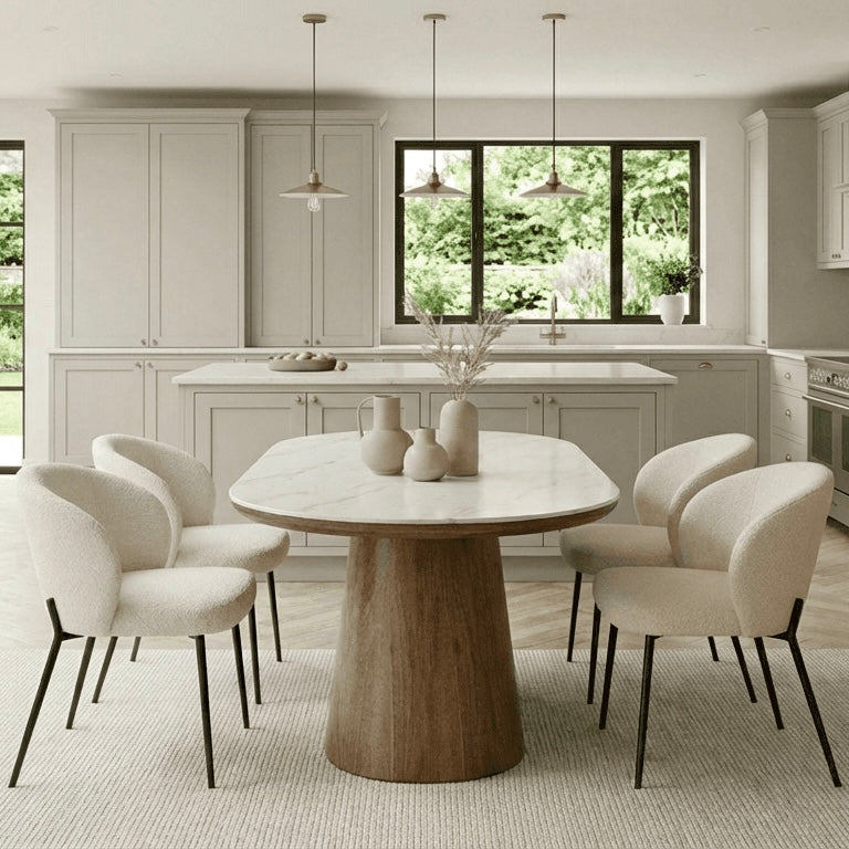 Lusso Oval Marble and Walnut Dining Table with 4 or 6 Boucle Dining Chairs