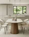Lusso Oval Marble and Walnut Dining Table with 4 or 6 Boucle Dining Chairs