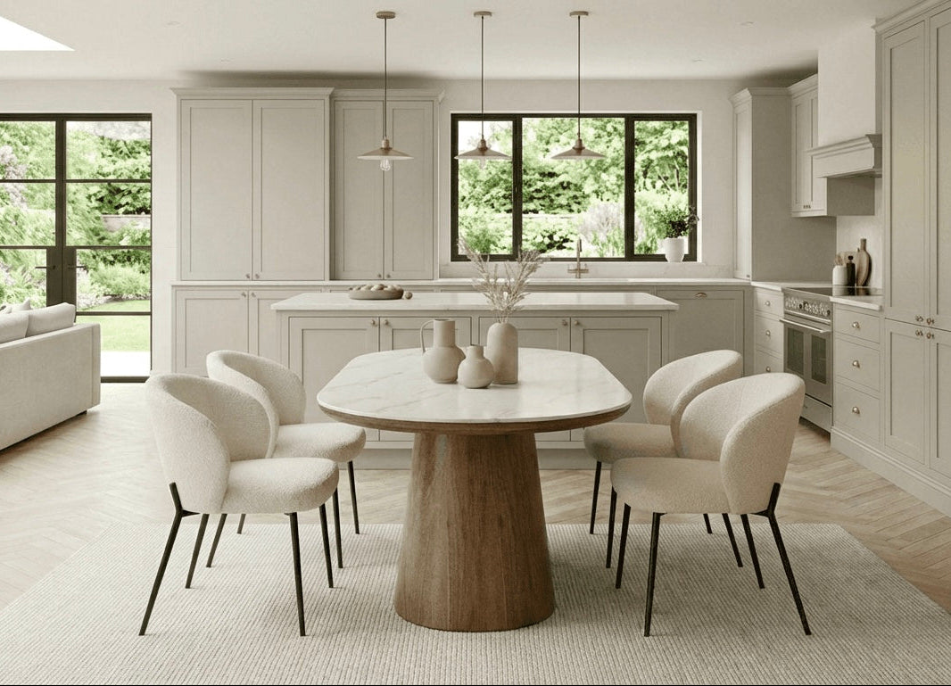Lusso Oval Marble and Walnut Dining Table with 4 or 6 Boucle Dining Chairs