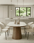 Lusso Oval Marble and Walnut Dining Table with 4 or 6 Boucle Dining Chairs