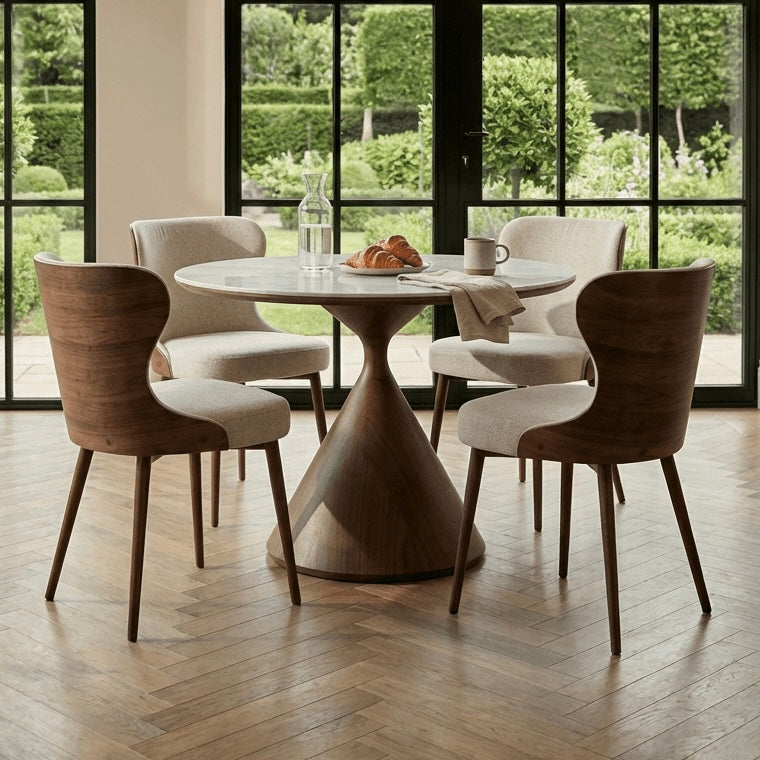 Lusso Round 120cm Marble and Walnut Dining Table with 4 Taupe Dining Chairs