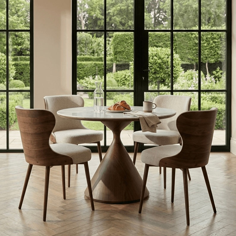 Lusso Round 120cm Marble and Walnut Dining Table with 4 Taupe Dining Chairs