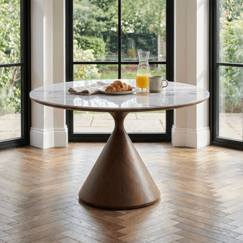 Lusso Round 120cm Marble and Walnut Dining Table with 4 Taupe Dining Chairs