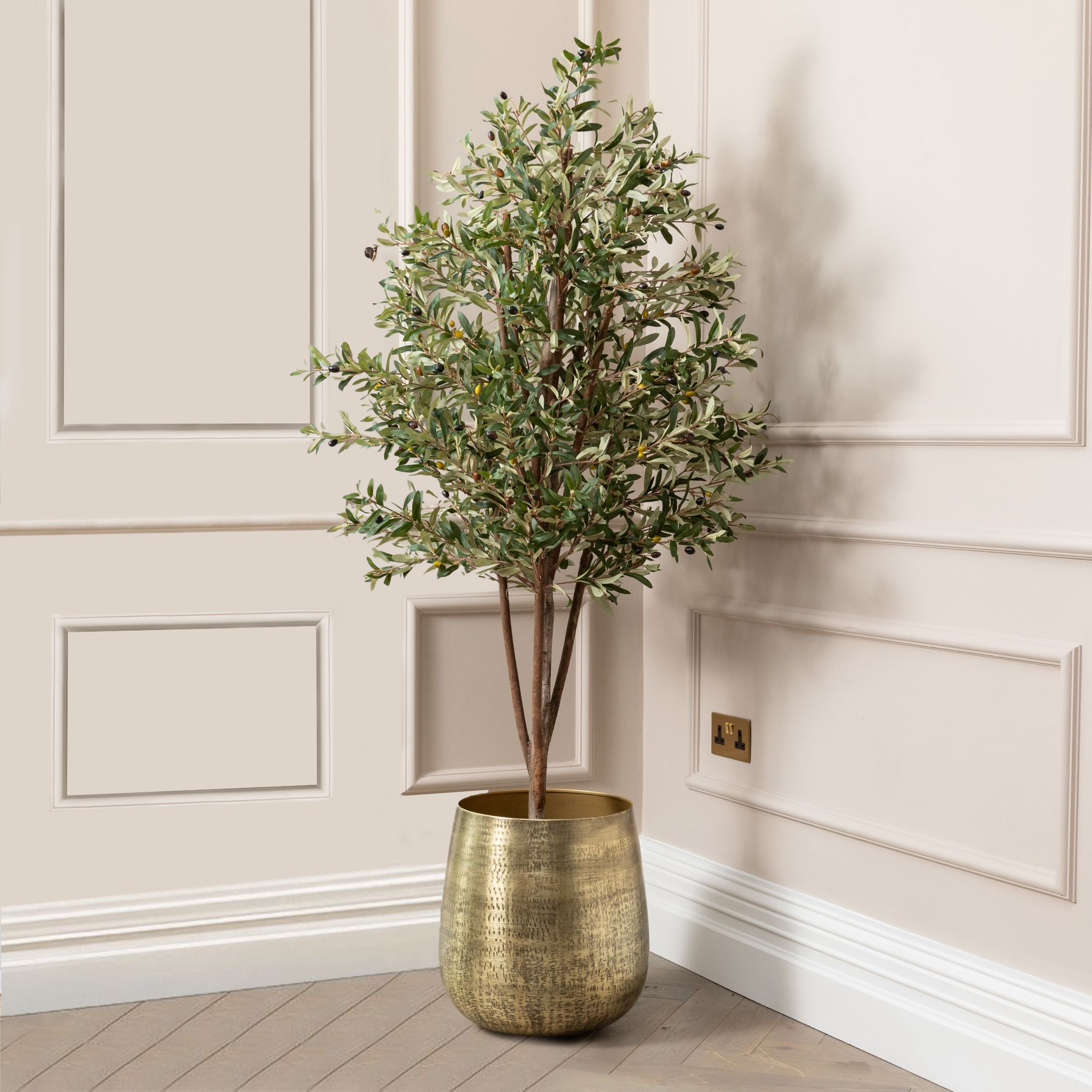 Artificial Olive Tree in Gold Metal Stone Planter