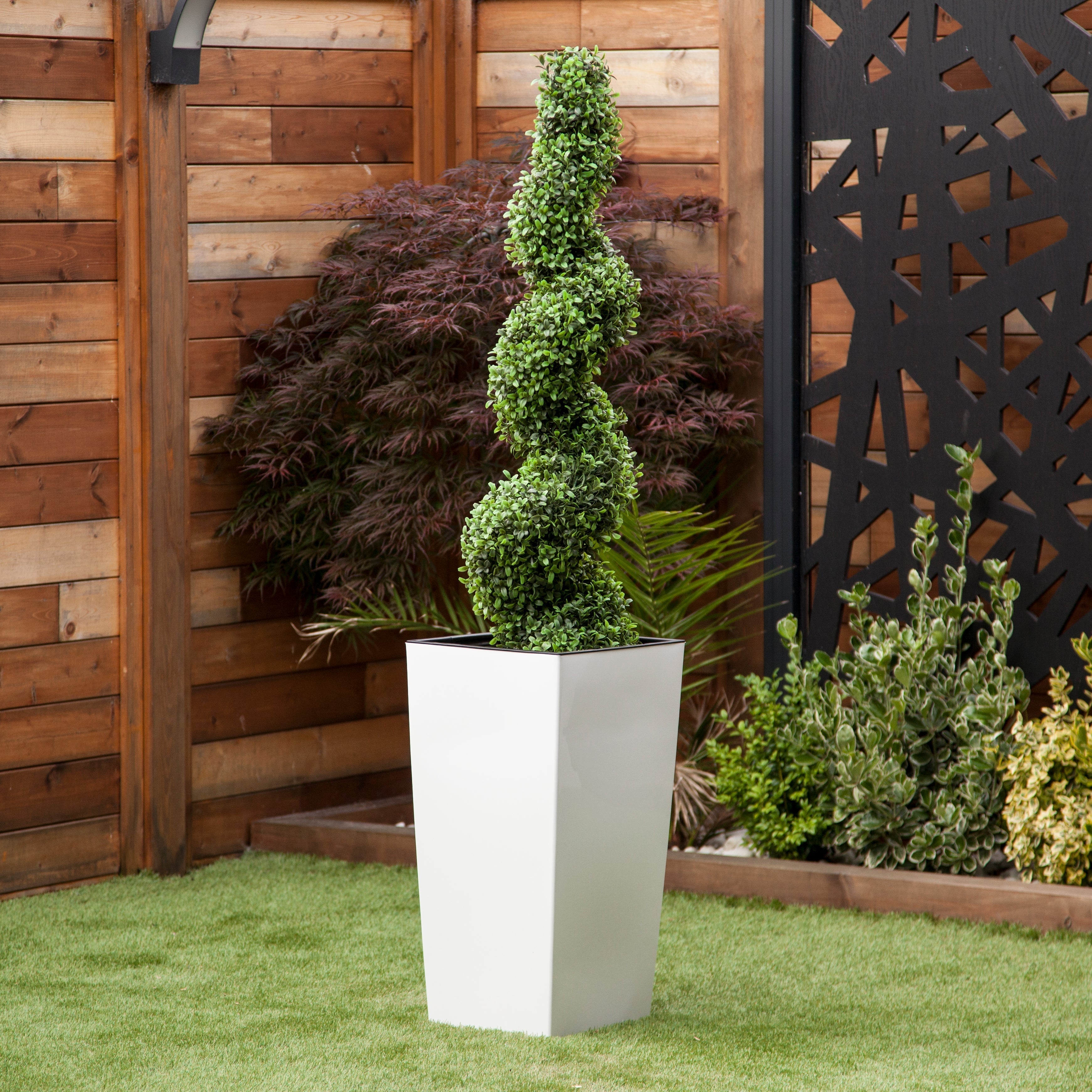 Artificial Buxus Spiral Topiary in Tall White Tapered Planter