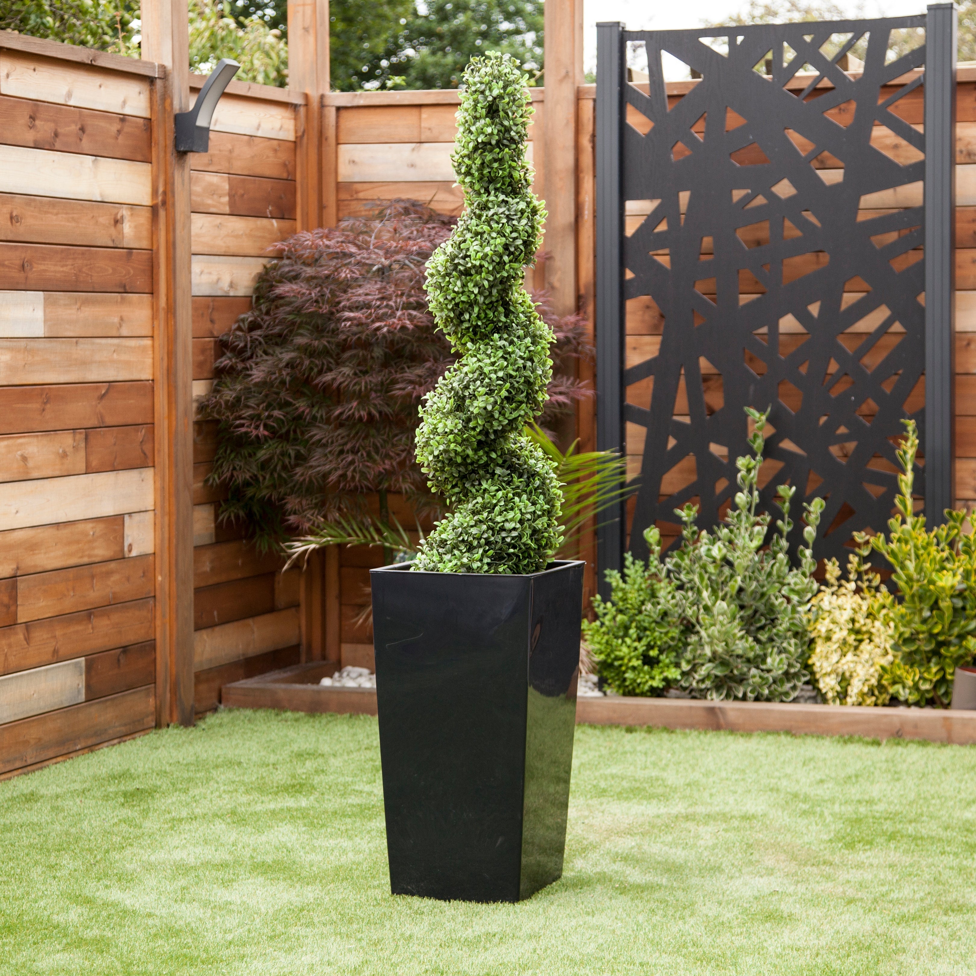 Artificial Buxus Spiral Topiary in Tall Black Tapered Planter