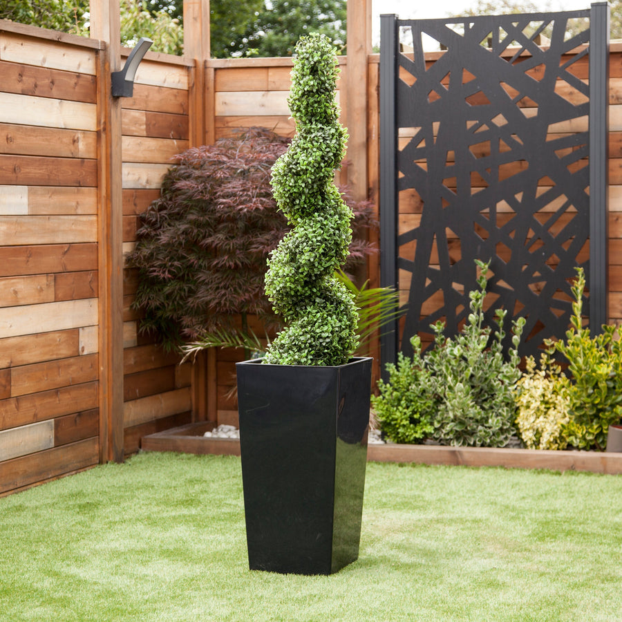 Artificial Buxus Spiral Topiary in Tall Black Tapered Planter