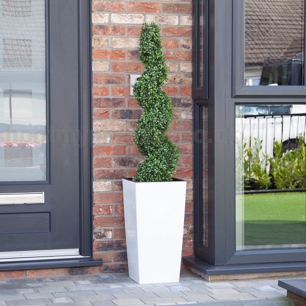 Artificial Buxus Spiral Topiary in Tall White Tapered Planter