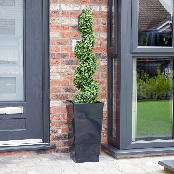 Artificial Buxus Spiral Topiary in Tall Black Tapered Planter