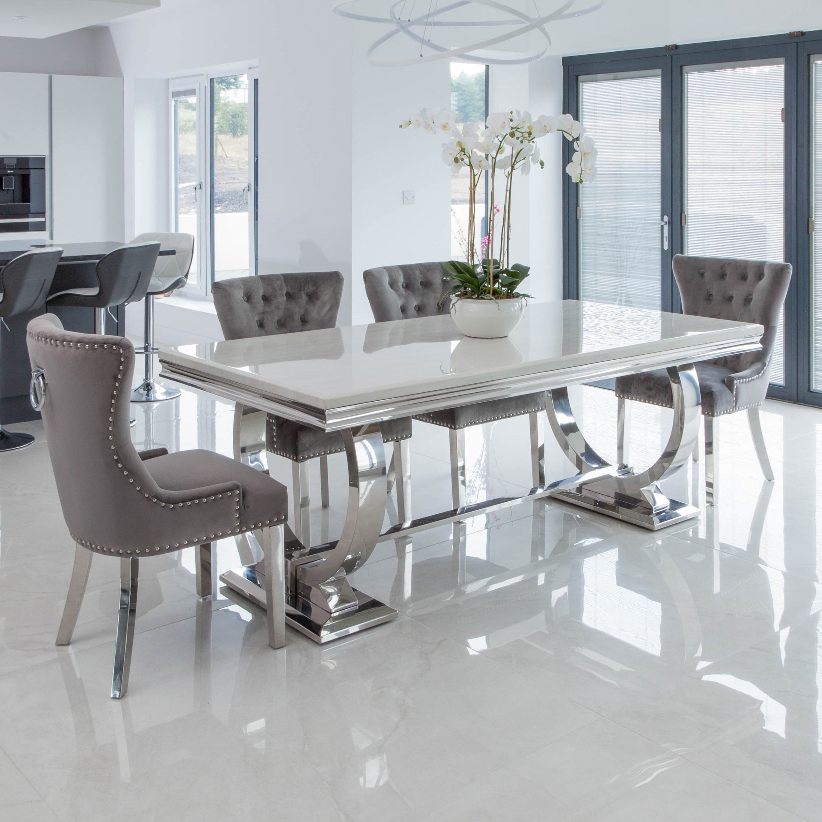 White Marble Dining Table with 4 or 6 Dining Chairs