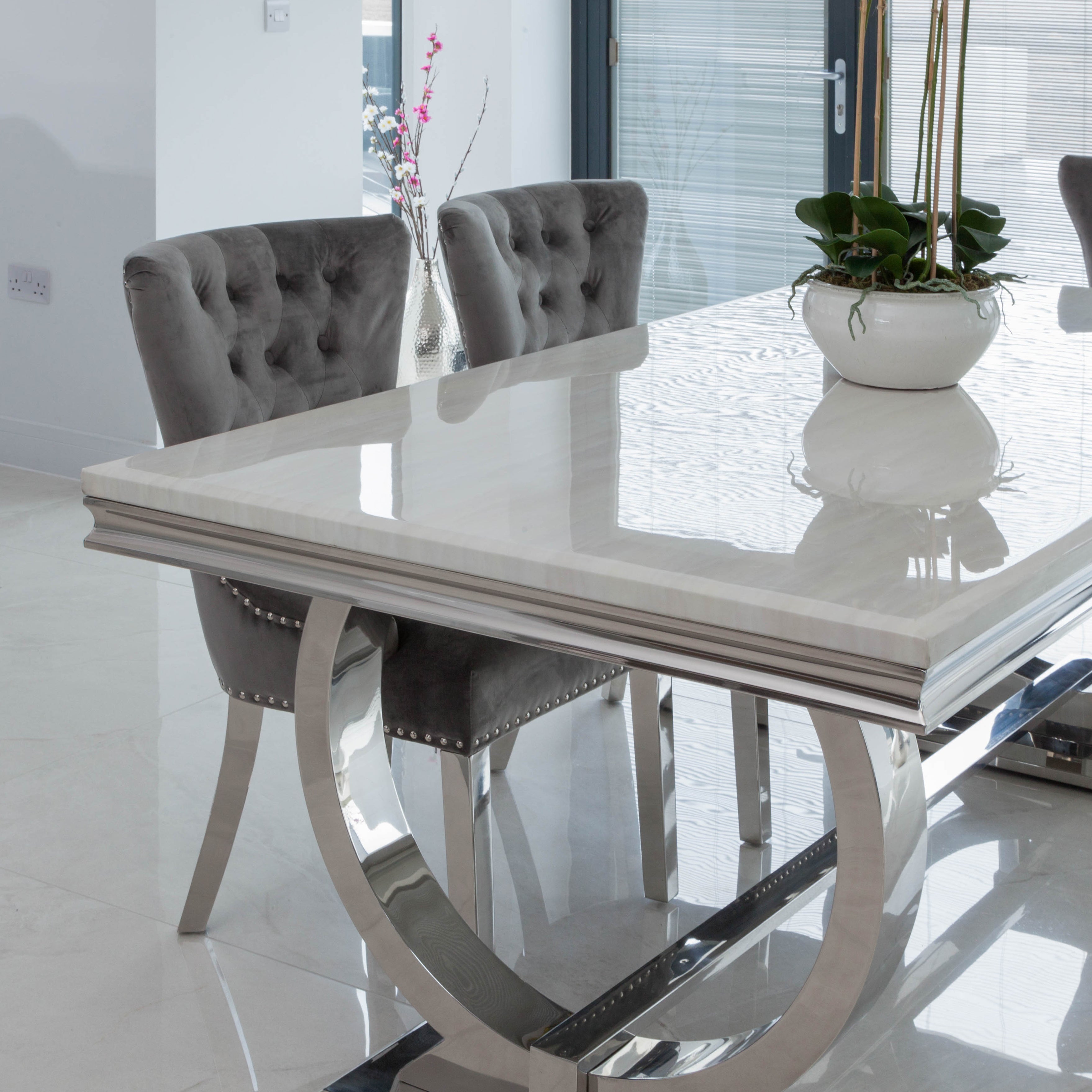 White Marble Dining Table with 4 or 6 Dining Chairs