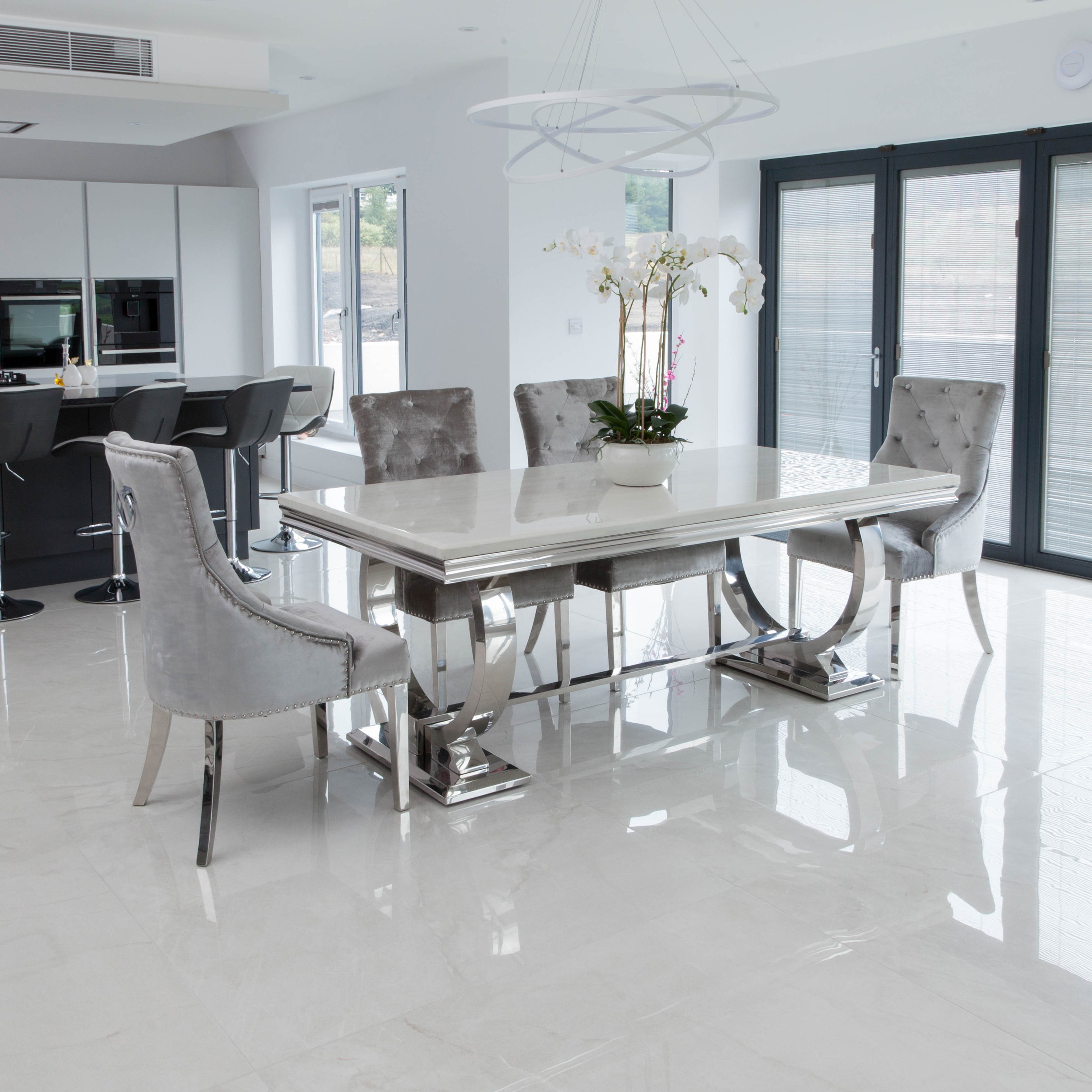 White Marble Dining Table with 4 or 6 Dining Chairs