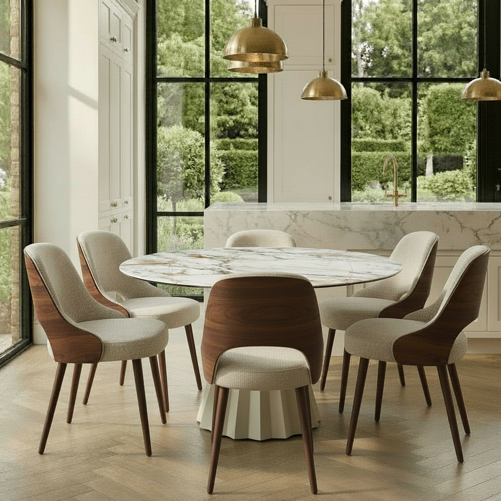 Lusso Round Extending Marble and Dining Table with 4 or 6 Taupe Dining Chairs