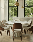 Lusso Round Extending Marble and Dining Table with 4 or 6 Taupe Dining Chairs
