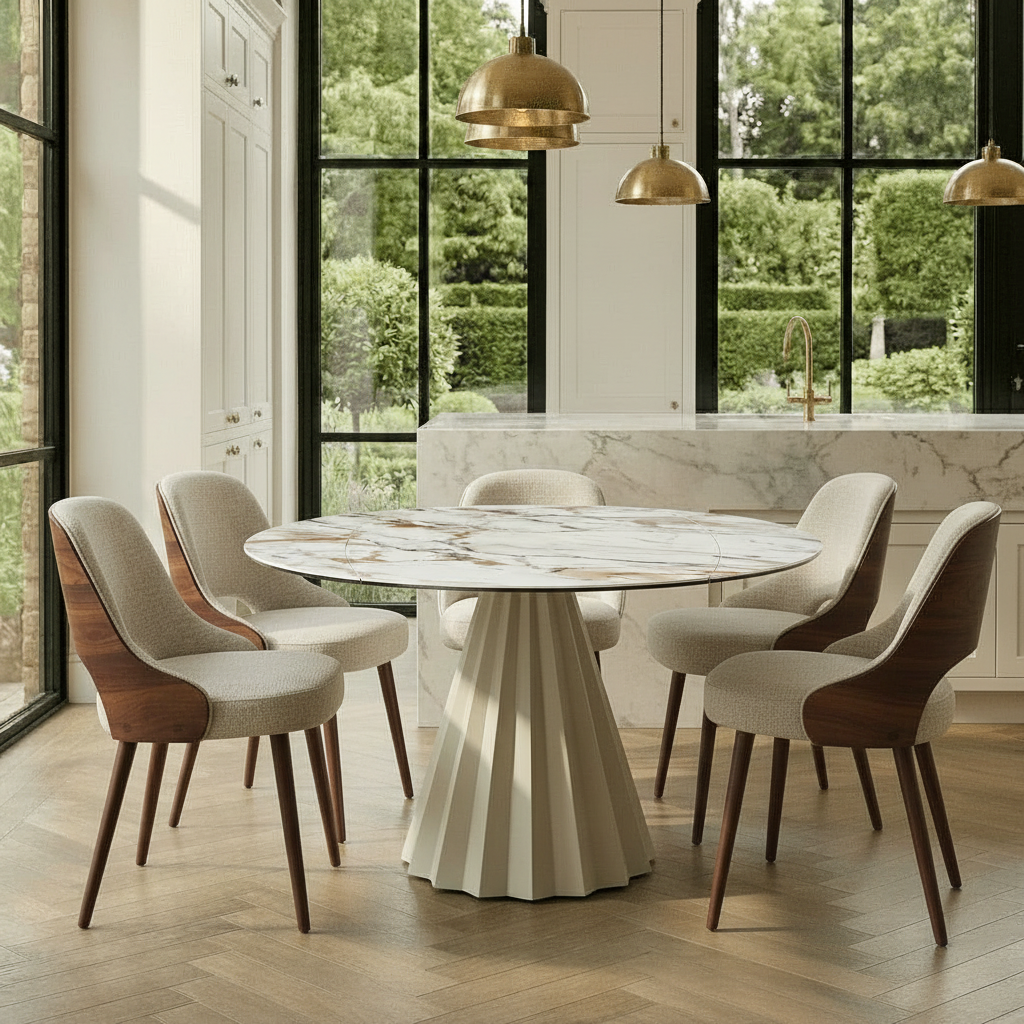 Lusso Round Extending Marble and Dining Table with 4 or 6 Taupe Dining Chairs