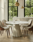 Lusso Round Extending Marble and Dining Table with 4 or 6 Taupe Dining Chairs
