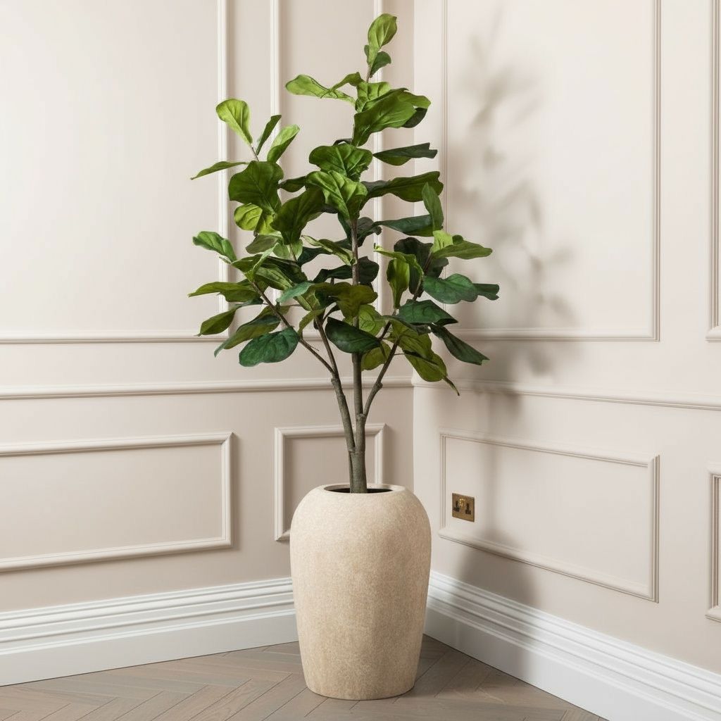 Artificial Fiddle Fig Tree in Travertine Stone Planter