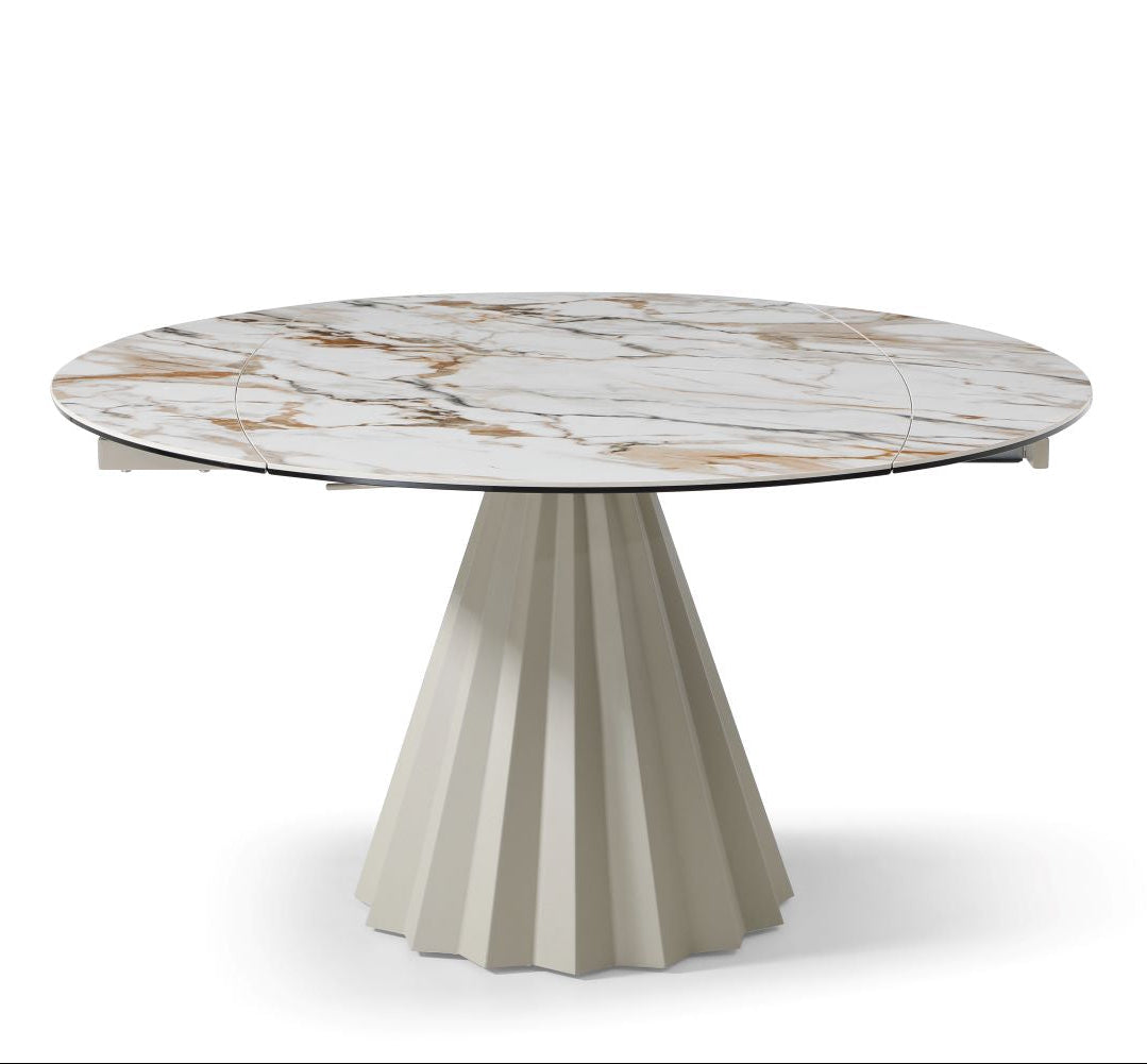Lusso Round Extending Marble and Dining Table with 4 or 6 Taupe Dining Chairs