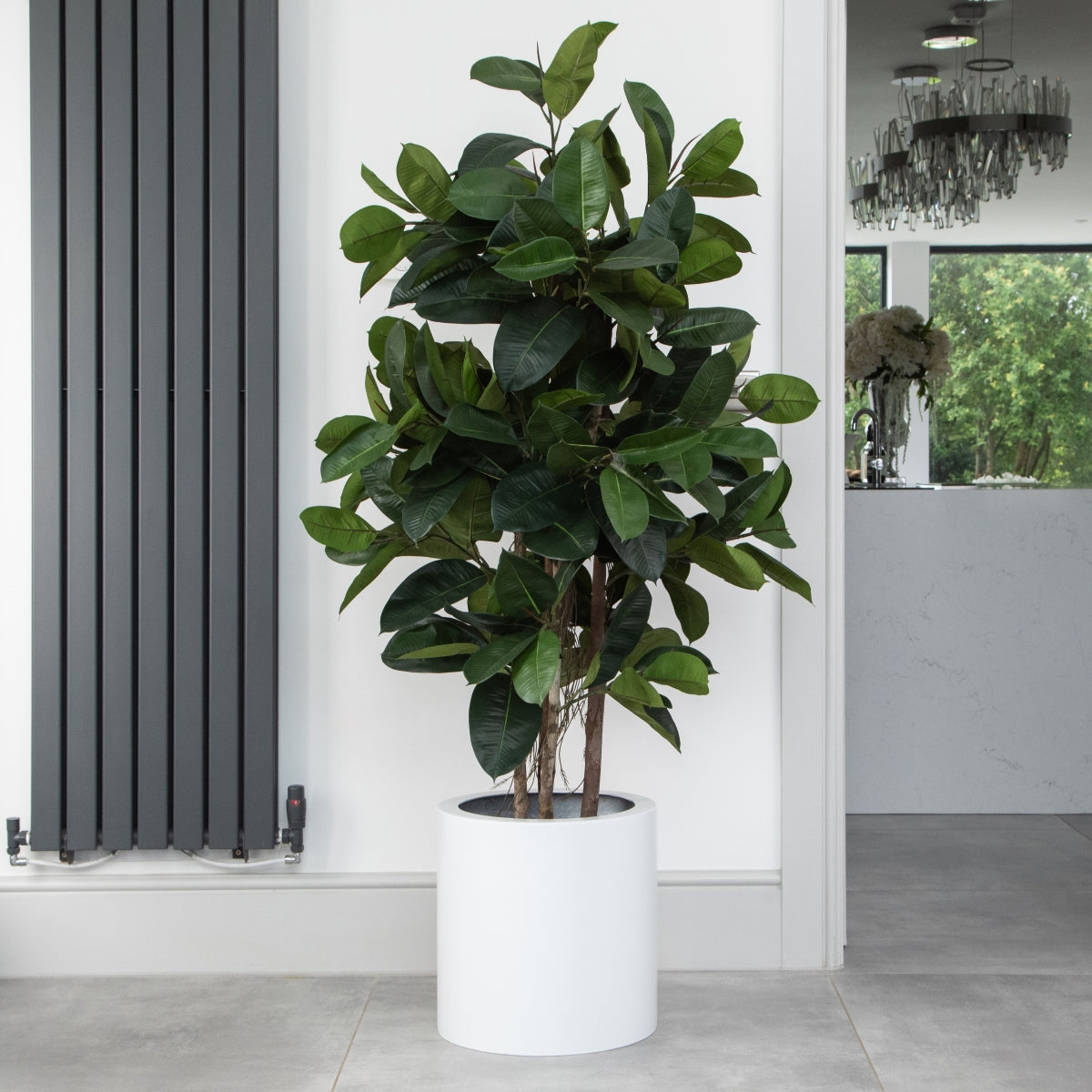 Artificial Fiddle Fiig Rubber Tree in White Round Planter