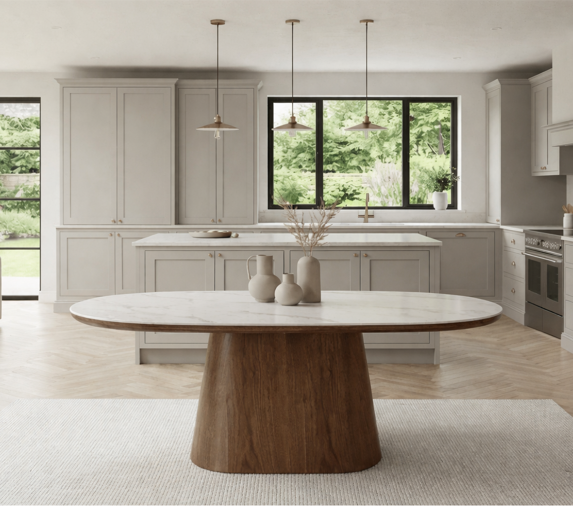 Lusso Oval Marble and Walnut Dining Table with 4 or 6 Boucle Dining Chairs