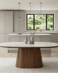 Lusso Oval Marble and Walnut Dining Table with 4 or 6 Boucle Dining Chairs