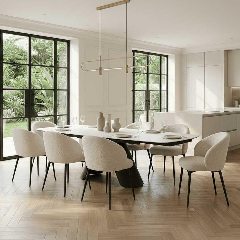 Lusso White Ceramic Marble Extending Dining Table with 6 or 8 White Boucle Dining Chairs