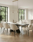 Lusso White Ceramic Marble Extending Dining Table with 6 or 8 White Boucle Dining Chairs