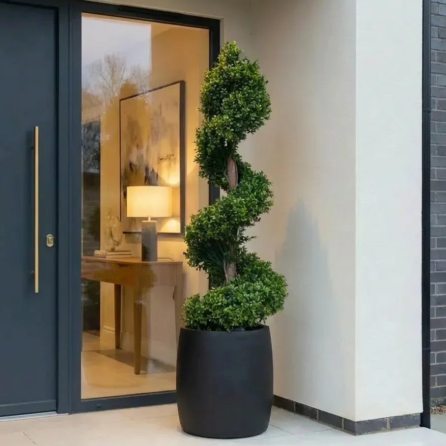 Artificial Spiral Topiary Tree In Black Stone Planter – Faux Buxus Outdoor Entrance Décor (150cm or 180cm Total Height)