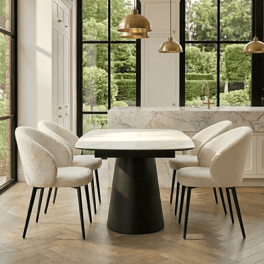Lusso White Ceramic Marble Extending Dining Table with 6 or 8 White Boucle Dining Chairs
