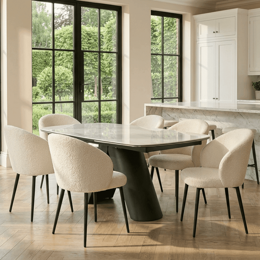Lusso White Ceramic Marble Extending Dining Table with 6 or 8 White Boucle Dining Chairs
