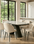 Lusso White Ceramic Marble Extending Dining Table with 6 or 8 White Boucle Dining Chairs