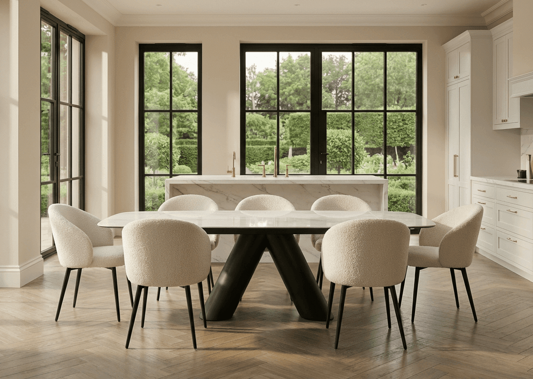 Lusso White Ceramic Marble Extending Dining Table with 6 or 8 White Boucle Dining Chairs