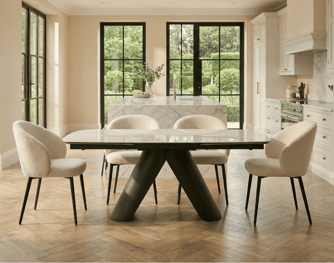 Lusso White Ceramic Marble Extending Dining Table with 6 or 8 White Boucle Dining Chairs