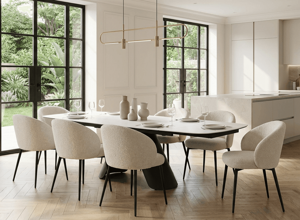Lusso White Ceramic Marble Extending Dining Table with 6 or 8 White Boucle Dining Chairs