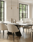 Lusso White Ceramic Marble Extending Dining Table with 6 or 8 White Boucle Dining Chairs