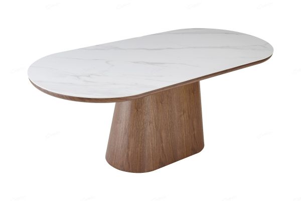 Lusso Oval Marble and Walnut Dining Table with 4 or 6 Boucle Dining Chairs